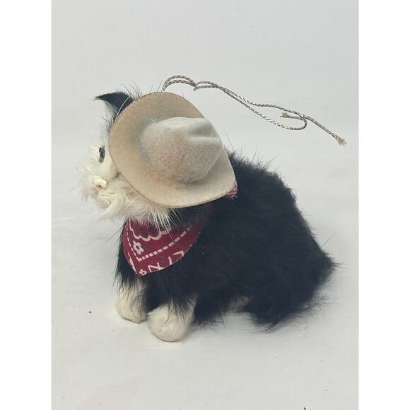Vintage Miniature Cat W/Cowboy Hat Made of Real Rabbit Fur ~ Ornament Christmas - Picture 2 of 6